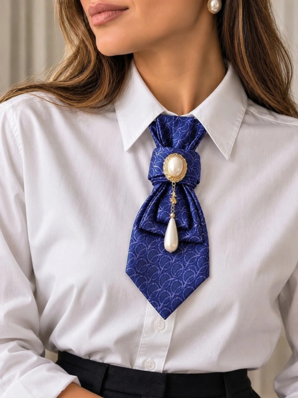 Lanvin Vintage Silk Tie Necklace in Blue with Pearl Pendant. Made In France